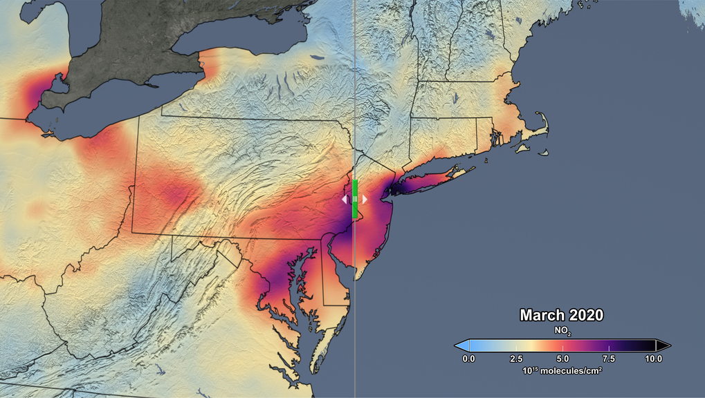 图为NASA官方的美国东北部地区地图，显示因疫情导致空汙降低。   图：NASA官方网站